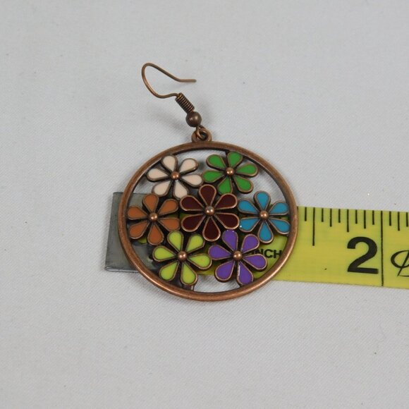 Flower Power Boho Bronze Tone Round Drop Earrings Multicolor Cutout 2.25" Dia - Picture 7 of 7